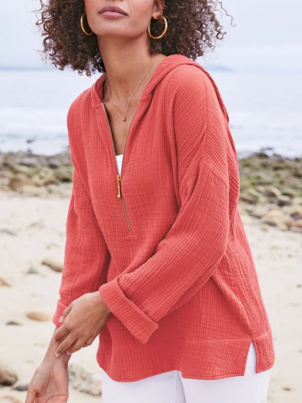 Soft Surroundings Kemia Gauze Hoodie Dahlia Red Cotton Pullover Size M